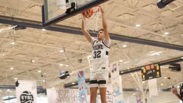 Maine United’s Cooper Flagg dunks the ball during a fast break against Team Indy Head during the Nike EYBL Session 4 on May 27, 2023 at Memphis Sports and Events Center in Memphis, Tenn.