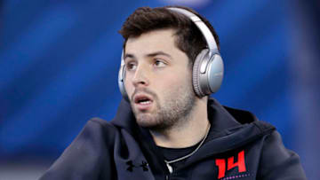 INDIANAPOLIS, IN - MARCH 03: Oklahoma quarterback Baker Mayfield looks on during the NFL Combine at Lucas Oil Stadium on March 3, 2018 in Indianapolis, Indiana. (Photo by Joe Robbins/Getty Images)