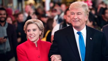 SATURDAY NIGHT LIVE -- "Benedict Cumberbatch" Episode 1709 -- Pictured: (l-r) Kate McKinnon as Democratic Presidential Candidate Hillary Clinton and Alec Baldwin as Republican Presidential Candidate Donald Trump during the "Hillary Clinton / Donald Trump Cold Open" sketch on November 5, 2016 -- (Photo by: Alex Schaefer/NBC)