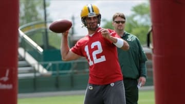 June 12, 2012; Green Bay, WI, USA; Green Bay Packers quarterback Aaron Rodgers (12) practices during the team