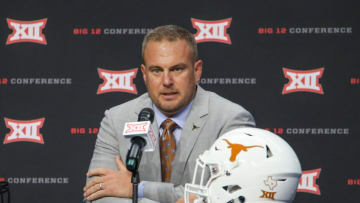 ARLINGTON, TX - JULY 16: Texas head coach Tom Herman speaks to the press during the Big 12 Media Days on July 16, 2019 at AT&T Stadium in Arlington, TX. (Photo by George Walker/Icon Sportswire via Getty Images)
