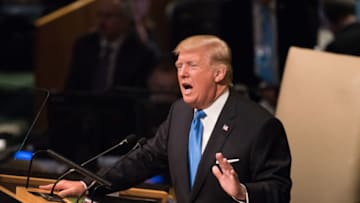 MANHATTA, NEW YORK CITY, NEW YORK, UNITED STATES - 2017/09/19: US President Donald Trump gestures during speech delivered to UN 72nd General Assembly. (Photo by Andy Katz/Pacific Press/LightRocket via Getty Images)