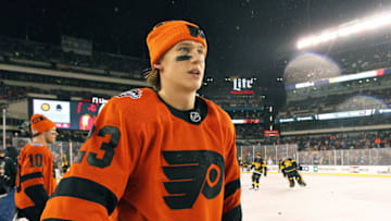 PHILADELPHIA, PA - FEBRUARY 23: Oskar Lindblom #23 of the Philadelphia Flyers looks on during warm-ups against the Pittsburgh Penguins at the 2019 Coors Light NHL Stadium Series on February 23, 2019 at Lincoln Financial Field in Philadelphia, Pennsylvania. (Photo by Len Redkoles/NHLI via Getty Images)