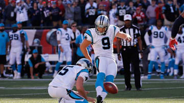 FOXBORO, MA - OCTOBER 01: Graham Gano #9 of the Carolina Panthers kicks a 48-yard field goal during the fourth quarter to defeat the New England Patriots 33-30 at Gillette Stadium on October 1, 2017 in Foxboro, Massachusetts. (Photo by Jim Rogash/Getty Images)