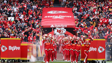 KANSAS CITY, MO - DECEMBER 29: Kansas City Chiefs cheerleaders run onto the field before an AFC West game between the Los Angeles Chargers and Kansas City Chiefs on December 29, 2019 at Arrowhead Stadium in Kansas City, MO. (Photo by Scott Winters/Icon Sportswire via Getty Images)