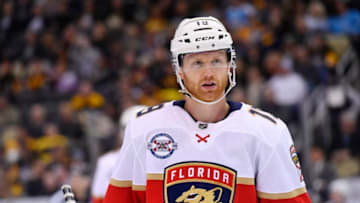 PITTSBURGH, PA - JANUARY 08: Florida Panthers Defenseman Mike Matheson (19) looks on during the third period in the NHL game between the Pittsburgh Penguins and the Florida Panthers on January 8, 2019, at PPG Paints Arena in Pittsburgh, PA. (Photo by Jeanine Leech/Icon Sportswire via Getty Images)