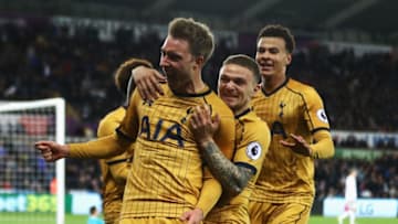SWANSEA, WALES - APRIL 05: Christian Eriksen of Tottenham Hotspur celebrates scoring his sides third goal during the Premier League match between Swansea City and Tottenham Hotspur at the Liberty Stadium on April 5, 2017 in Swansea, Wales. (Photo by Michael Steele/Getty Images)