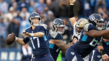 NASHVILLE, TN - DECEMBER 22: Ryan Tannehill #17 of the Tennessee Titans throws a pass under pressure from Trey Hendrickson #91 of the New Orleans Saints at Nissan Stadium on December 22, 2019 in Nashville, Tennessee. The Saints defeated the Titans 38-28. (Photo by Wesley Hitt/Getty Images)