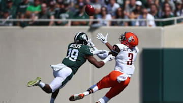 EAST LANSING, MI - SEPTEMBER 02: Datrin Guyton #3 of the Bowling Green Falcons catches a first half pass next to Josh Butler #19 of the Michigan State Spartans at Spartan Stadium on September 2, 2017 in East Lansing, Michigan. (Photo by Gregory Shamus/Getty Images)