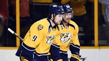 May 3, 2016; Nashville, TN, USA; Nashville Predators left winger Filip Forsberg (9) celebrates with left winger Colin Wilson (33) after a goal during the third period against the San Jose Sharks in game three of the second round of the 2016 Stanley Cup Playoffs at Bridgestone Arena. Mandatory Credit: Christopher Hanewinckel-USA TODAY Sports