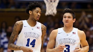 Mar 1, 2016; Durham, NC, USA; Duke Blue Devils guard Brandon Ingram (14) and guard Grayson Allen (3) head down the court after Allen scored against the Wake Forest Demon Deacons in the first half of their game at Cameron Indoor Stadium. Mandatory Credit: Mark Dolejs-USA TODAY Sports