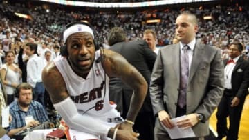 May 14, 2014; Miami, FL, USA; Miami Heat forward LeBron James (6) is interviewed after defeating the Brooklyn Nets in game five of the second round of the 2014 NBA Playoffs at American Airlines Arena. Miami won 96-94. Mandatory Credit: Steve Mitchell-USA TODAY Sports
