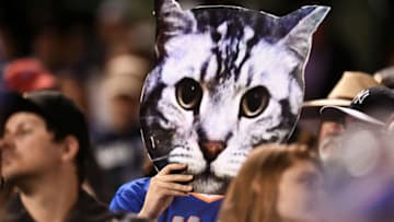 Jun 20, 2018; Denver, CO, USA; General view of a New York Mets fan holding a photo cut of of Hadji the cat belonging to former American baseball player Keith Hernandez (not pictured) in the eighth inning against the Colorado Rockies at Coors Field. Mandatory Credit: Ron Chenoy-USA TODAY Sports