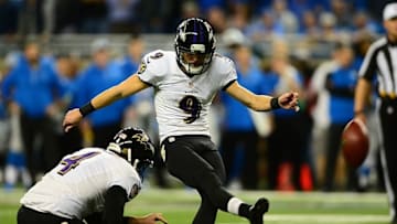 Dec 16, 2013; Detroit, MI, USA; Baltimore Ravens kicker Justin Tucker (9) kicks a field goal during the second quarter against the Detroit Lions at Ford Field. Mandatory Credit: Andrew Weber-USA TODAY Sports