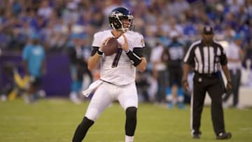 Aug 11, 2016; Baltimore, MD, USA; Baltimore Ravens quarterback Ryan Mallett (7) drops back to pass against the Carolina Panthers at M&T Bank Stadium. Mandatory Credit: Rafael Suanes-USA TODAY Sports