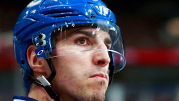 VANCOUVER, BC - FEBRUARY 19: Alexandre Burrows #14 of the Vancouver Canucks looks on from the bench during their NHL game against the Philadelphia Flyers at Rogers Arena February 19, 2017 in Vancouver, British Columbia, Canada. (Photo by Jeff Vinnick/NHLI via Getty Images)