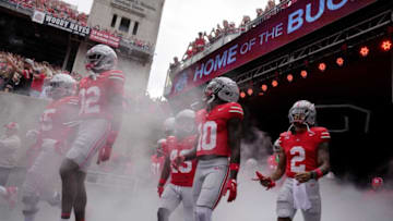 Sept. 9, 2023; Columbus, Oh., USA; (l-r) Ohio State Buckeyes offensive lineman Matthew Jones (55), Ohio State Buckeyes safety Brenten Jones (32), Ohio State Buckeyes cornerback Denzel Burke (10) and Ohio State Buckeyes wide receiver Emeka Egbuka (2) take the field before Saturday's NCAA Division I football game between the Ohio State Buckeyes and the Youngstown State Penguins at Ohio Stadium.