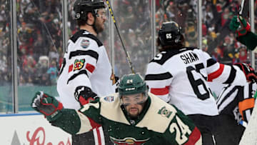Minnesota Wild defenseman Matt Dumba celebrates his goal in the first period of the 2016 Stadium Series matchup with Chicago. The Wild host the St. Louis Blues in the Winter Classic this year.. (Photo by Hannah Foslien/Getty Images)