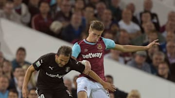 LONDON, ENGLAND - JULY 30: Reece Burke of West Ham United in action during the Europa League Qualifier between West Ham United and FC Astra Giurgiu at Boleyn Ground on July 30, 2015 in London, England. (Photo by Arfa Griffiths/West Ham United via Getty Images)