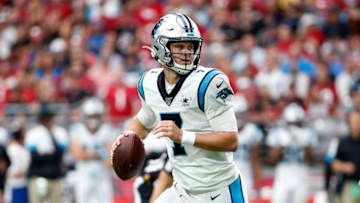 GLENDALE, ARIZONA - SEPTEMBER 22: Quarterback Kyle Allen #7 of the Carolina Panthers looks to pass against the Arizona Cardinals during the first half of the NFL football game at State Farm Stadium on September 22, 2019 in Glendale, Arizona. (Photo by Ralph Freso/Getty Images)