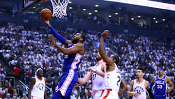 TORONTO, ON - APRIL 29: Greg Monroe #55 of the Philadelphia 76ers shoots the ball as Kawhi Leonard #2 of the Toronto Raptors defends during Game Two of the second round of the 2019 NBA Playoffs at Scotiabank Arena on April 29, 2019 in Toronto, Canada. NOTE TO USER: User expressly acknowledges and agrees that, by downloading and or using this photograph, User is consenting to the terms and conditions of the Getty Images License Agreement. (Photo by Vaughn Ridley/Getty Images)