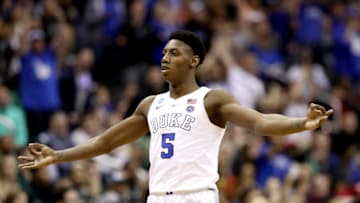 WASHINGTON, DC - MARCH 31: RJ Barrett #5 of the Duke Blue Devils celebrates a basket against the Michigan State Spartans during the first half in the East Regional game of the 2019 NCAA Men's Basketball Tournament at Capital One Arena on March 31, 2019 in Washington, DC. (Photo by Patrick Smith/Getty Images)
