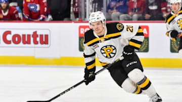 LAVAL, QC - MARCH 20: Karson Kuhlman #20 of the Providence Bruins skates against the Laval Rocket during the AHL game at Place Bell on March 20, 2019 in Laval, Quebec, Canada. The Laval Rocket defeated the Providence Bruins 3-2 in a shootout. (Photo by Minas Panagiotakis/Getty Images)