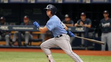 ST. PETERSBURG, FL - SEP 28: 2017 first round pick Brendan McKay of the Rays at bat during the Florida Instructional League (FIL) game between the FIL Braves and FIL Rays on September 28, 2017, at Tropicana Field in St. Petersburg, FL. (Photo by Cliff Welch/Icon Sportswire via Getty Images)