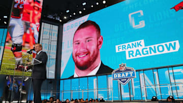ARLINGTON, TX - APRIL 26: A video board displays an image of Frank Ragnow of Arkansas after he was picked #20 overall by the Detroit Lions during the first round of the 2018 NFL Draft at AT&T Stadium on April 26, 2018 in Arlington, Texas. (Photo by Tom Pennington/Getty Images)