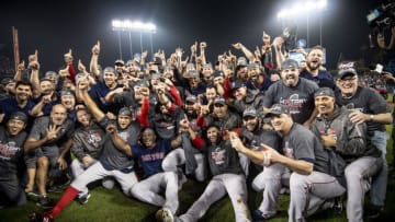 LOS ANGELES, CA - OCTOBER 28: Members of the Boston Red Sox pose for a team photograph as they celebrate after winning the 2018 World Series in game five against the Los Angeles Dodgers on October 28, 2018 at Dodger Stadium in Los Angeles, California. (Photo by Billie Weiss/Boston Red Sox/Getty Images)