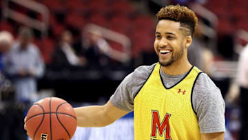 Mar 23, 2016; Louisville, KY, USA; Maryland Terrapins guard Melo Trimble (2) handles the ball during practice the day before the semifinals of the South regional of the NCAA Tournament at KFC YUM!. Mandatory Credit: Aaron Doster-USA TODAY Sports