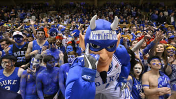 DURHAM, NORTH CAROLINA - MARCH 07: The Duke Blue Devils mascot performs during the first half of their game against the North Carolina Tar Heels at Cameron Indoor Stadium on March 07, 2020 in Durham, North Carolina. (Photo by Grant Halverson/Getty Images)