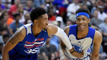 Jul 12, 2016; Las Vegas, NV, USA; Philadelphia 76ers forward Christian Wood (35) defends former UNLV team mate Golden State Warriors guard Patrick McCaw during an NBA Summer League game at Thomas & Mack Center. Mandatory Credit: Stephen R. Sylvanie-USA TODAY Sports