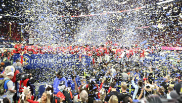 Georgia Bulldogs celebrate in confetti after a victory in the SEC Championship against the LSU Tigers at Mercedes-Benz Stadium. (Mandatory Credit: Brett Davis-USA TODAY Sports)