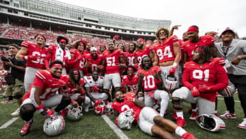 COLUMBUS, OHIO - SEPTEMBER 9: Ohio State Buckeyes players pose for a group photo after the game against the Youngstown State Penguins at Ohio Stadium on September 9, 2023 in Columbus, Ohio. The Buckeyes beat the Penguins 35-7. (Photo by Lauren Leigh Bacho/Getty Images)