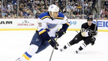 Nov 25, 2015; Pittsburgh, PA, USA; St. Louis Blues right wing Ryan Reaves (75) skates with the puck against the Pittsburgh Penguins during the second period at the CONSOL Energy Center. The Penguins won 4-3 in overtime. Mandatory Credit: Charles LeClaire-USA TODAY Sports