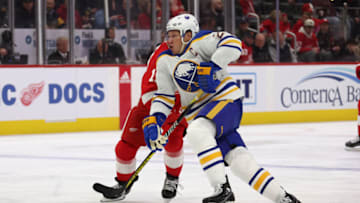 DETROIT, MICHIGAN - NOVEMBER 30: Kyle Okposo #21 of the Buffalo Sabres skates against the Detroit Red Wings at Little Caesars Arena on November 30, 2022 in Detroit, Michigan. (Photo by Gregory Shamus/Getty Images)