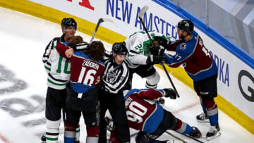 EDMONTON, ALBERTA - AUGUST 24: The Colorado Avalanche and Dallas Stars scuffle during the second period in Game Two of the Western Conference Second Round during the 2020 NHL Stanley Cup Playoffs at Rogers Place on August 24, 2020 in Edmonton, Alberta, Canada. (Photo by Bruce Bennett/Getty Images)