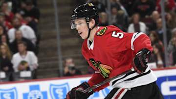 CHICAGO, IL - MARCH 26: Connor Murphy #5 of the Chicago Blackhawks watches for the puck in the second period against the San Jose Sharks at the United Center on March 26, 2018 in Chicago, Illinois. The San Jose Sharks defeated the Chicago Blackhawks 4-3. (Photo by Bill Smith/NHLI via Getty Images)