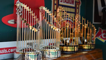 Apr 11, 2016; St. Louis, MO, USA; A detailed view of St. Louis Cardinals world series trophies before the game between the St. Louis Cardinals and the Milwaukee Brewers at Busch Stadium. Mandatory Credit: Jasen Vinlove-USA TODAY Sports