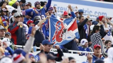 Nov 17, 2013; Orchard Park, NY, USA; Buffalo Bills fans celebrate a touchdown by the team during the first half against the New York Jets at Ralph Wilson Stadium. Mandatory Credit: Kevin Hoffman-USA TODAY Sports