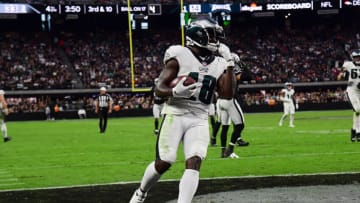 Oct 24, 2021; Paradise, Nevada, USA; Philadelphia Eagles wide receiver Jalen Reagor (18) scores a touchdown against the Las Vegas Raiders during the second half at Allegiant Stadium. Mandatory Credit: Gary A. Vasquez-USA TODAY Sports