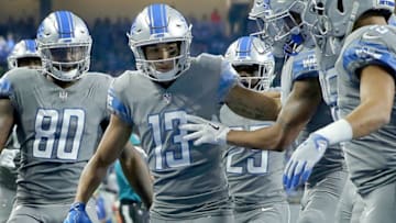 DETROIT, MI - DECEMBER 16: The Detroit Lions celebrate a touchdown by T.J. Jones #13 of the Detroit Lions during the first half against the Chicago Bears at Ford Field on December 16, 2017 in Detroit, Michigan. (Photo by Leon Halip/Getty Images)