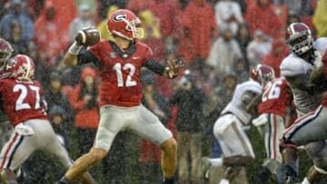 Oct 3, 2015; Athens, GA, USA; Georgia Bulldogs quarterback Brice Ramsey (12) looks to pass during the third quarter against the Alabama Crimson Tide at Sanford Stadium. Alabama defeated Georgia 38-10. Mandatory Credit: John David Mercer-USA TODAY Sports