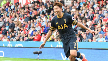 STOKE ON TRENT, ENGLAND - SEPTEMBER 10: Tottenham Hotspur's Son Heung-Min celebrates scoring Spurs second goal against Stoke City during the Premier League match between Stoke City and Tottenham Hotspur at Britannia Stadium on September 10, 2016 in Stoke on Trent, England. (Photo by Terry Donnally/CameraSport via Getty Images)