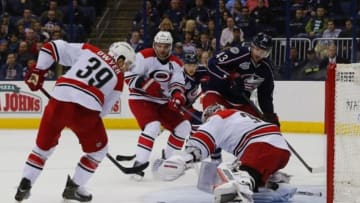 Nov 4, 2014; Columbus, OH, USA; Carolina Hurricanes goalie Cam Ward (3) makes a save against the Columbus Blue Jackets during the second period at Nationwide Arena. Mandatory Credit: Russell LaBounty-USA TODAY Sports
