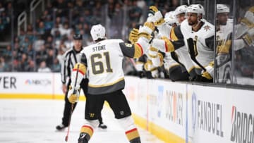 SAN JOSE, CA - APRIL 12: Mark Stone #61 of the Vegas Golden Knights celebrates after scoring a goal during the second period against the San Jose Sharks in Game Two of the Western Conference First Round during the 2019 Stanley Cup Playoffs at SAP Center on April 12, 2019 in San Jose, California. (Photo by Jeff Bottari/NHLI via Getty Images)