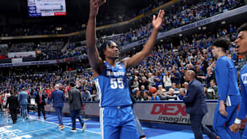 Forward Precious Achiuwa #55 of the Memphis Tigers celebrates after a win. (Photo by Joe Murphy/Getty Images)