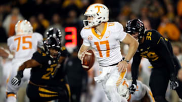 COLUMBIA, MO - NOVEMBER 11: Quarterback Will McBride #17 of the Tennessee Volunteers scrambles during the game against the Missouri Tigers at Faurot Field/Memorial Stadium on November 11, 2017 in Columbia, Missouri. (Photo by Jamie Squire/Getty Images)
