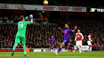 LONDON, ENGLAND - NOVEMBER 03: Bernd Leno of Arsenal and Mohamed Salah of Liverpool during the Premier League match between Arsenal FC and Liverpool FC at Emirates Stadium on November 3, 2018 in London, United Kingdom. (Photo by Robbie Jay Barratt - AMA/Getty Images)